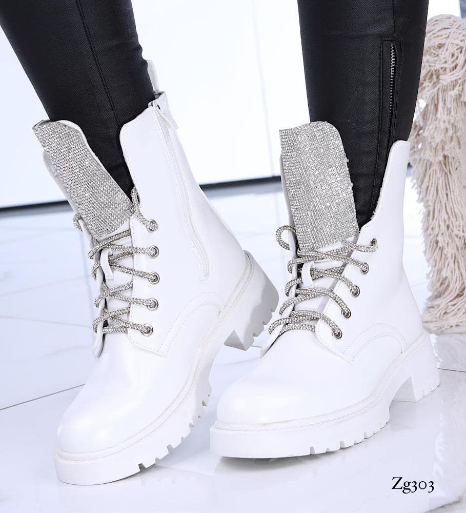 Botin blanco detalle cordones plateado brillantes suela 4cm 9510A C-36